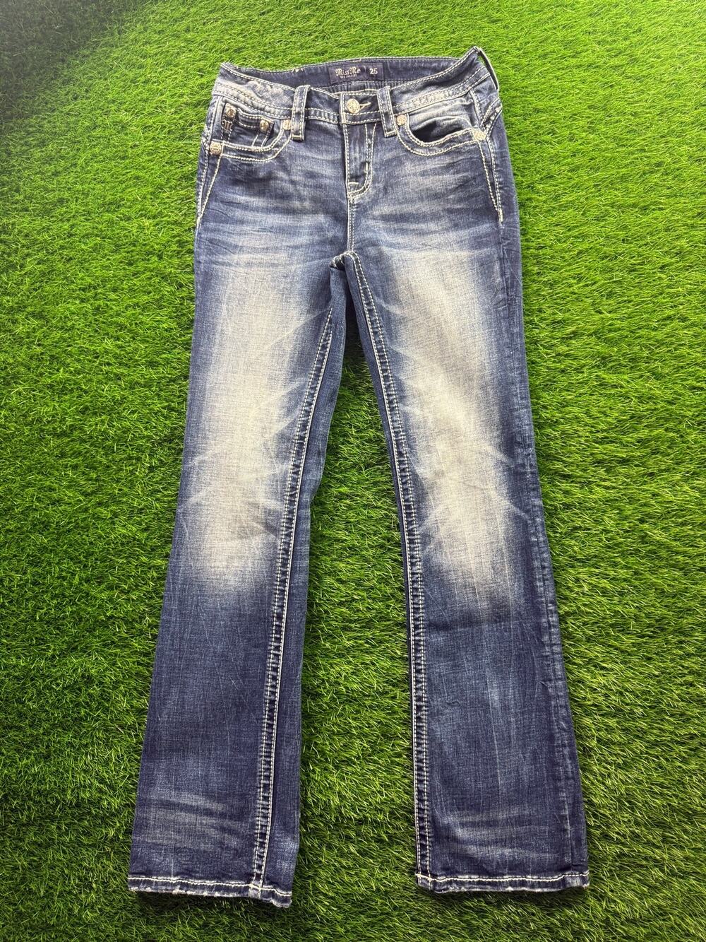 Miss Me Women's Mid Rise Bootcut Jeans 25 Embellished Thick Stitch Y2K E3837BR